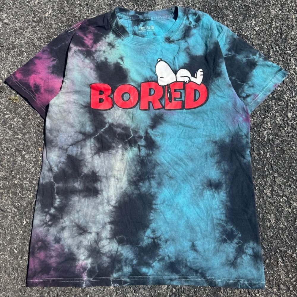 Peanuts Snoopy Bored Tie Dye Graphic T-Shirt Teal Black Purple Mens Medium